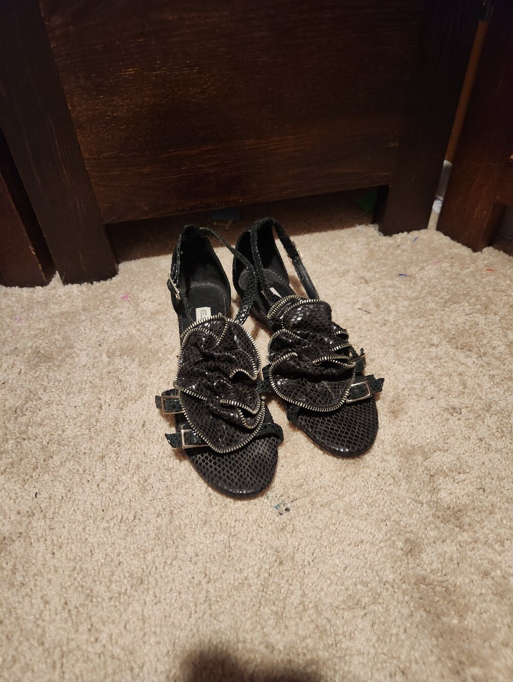 Kelsi Dagger Black Ruffled Slingback Wedges with Metallic Trim